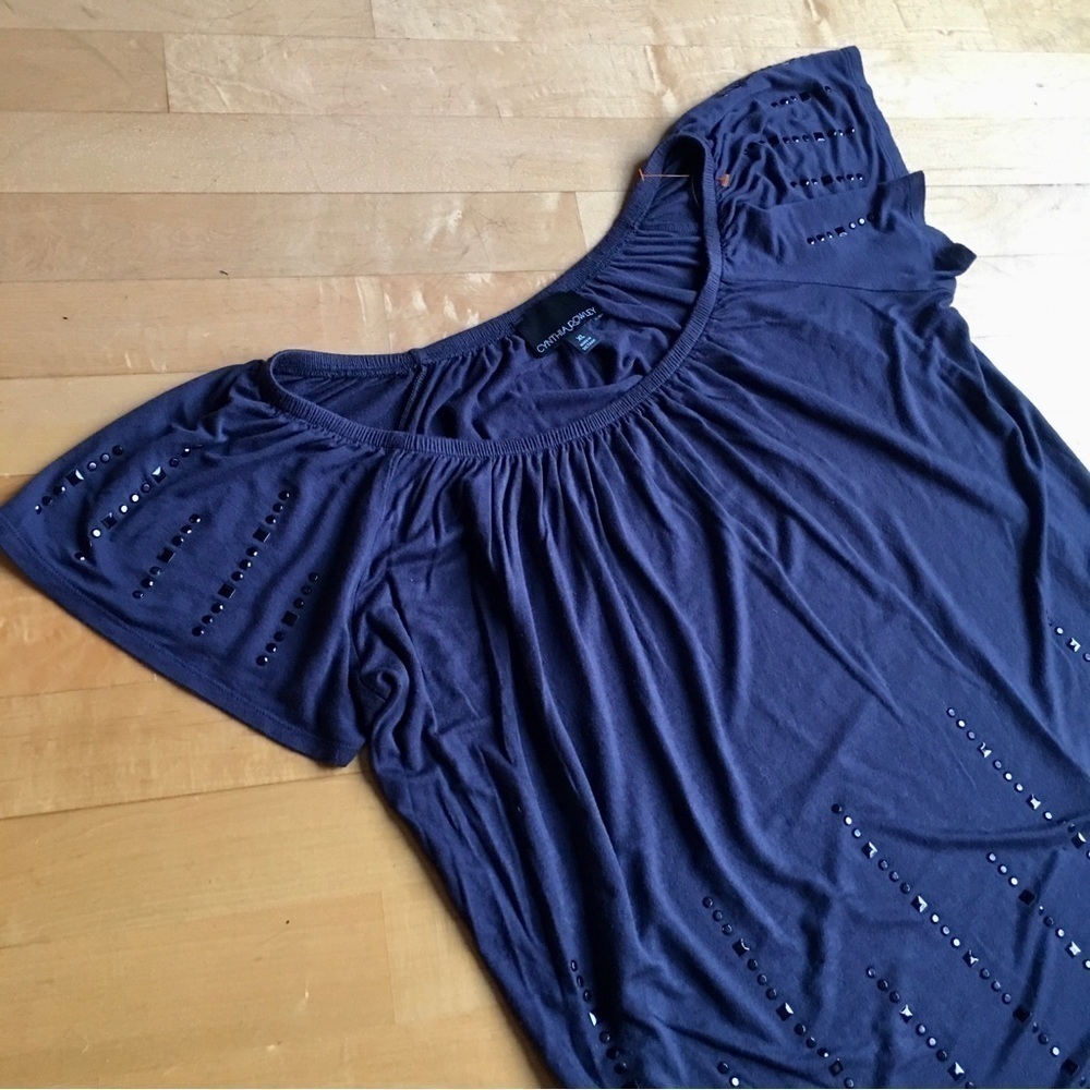 Cynthia Rowley Beaded Studded Flutter Sleeve Dressy Top, Gray, Black, Size XL